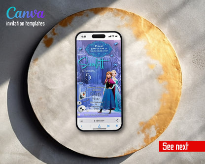 Frozen Elsa Ornate Ice Frame Waterfall Video Birthday Invitation | Animated Evite | Editable Canva