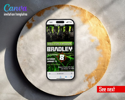 Call Of Duty Soldier Squad Green Video Birthday Invitation | Animated Evite | Editable Canva