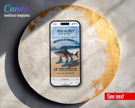 italian BrainRot meme Tralalelo Tralala Sneaker Shark Beach Video Birthday Invitation | Animated Evite | Editable Canva