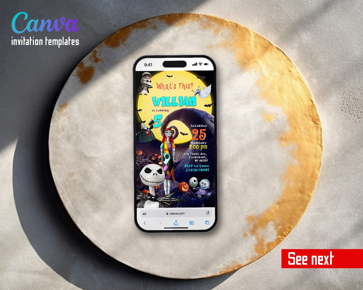 The Nightmare Before Christmas Halloween Moon Hill Cyan Name Video Birthday Invitation | Animated Evite | Editable Canva