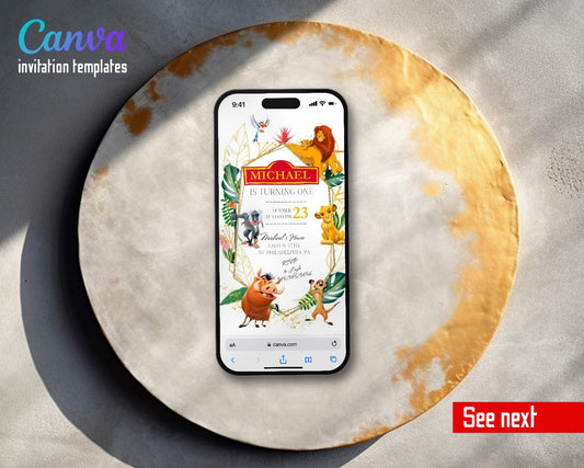 Lion King Simba Geometric Gold Rafiki Video Birthday Invitation | Animated Evite | Editable Canva
