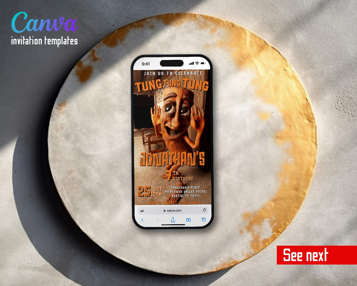 italian BrainRot meme Tung Sahur Wooden Stage Video Birthday Invitation | Animated Evite | Editable Canva