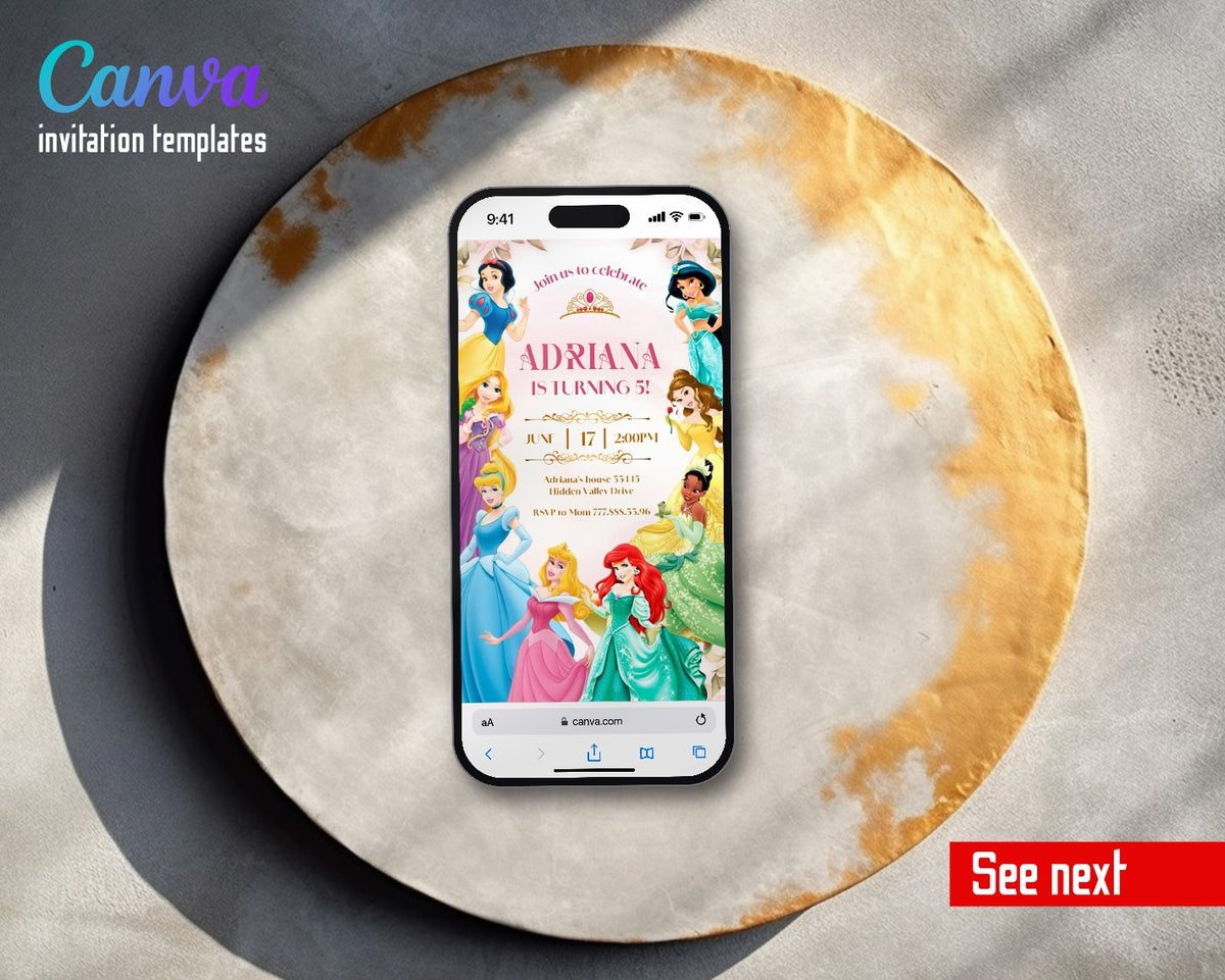Disney Princess Pink Floral Border Princesses Video Birthday Invitation | Animated Evite | Editable Canva