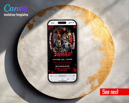 Horror Killer Movie Party Squad Circle Video Birthday Invitation | Animated Evite | Editable Canva