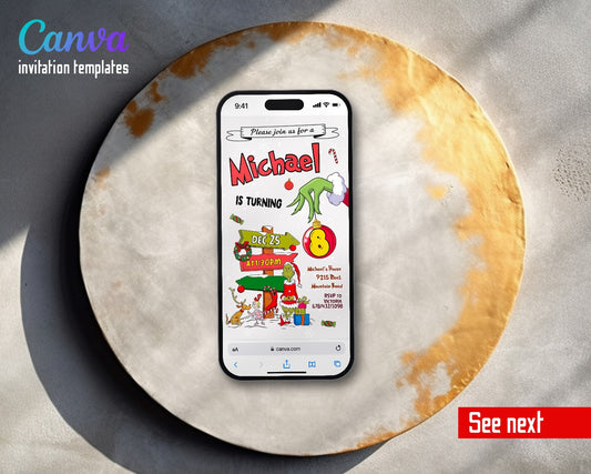 The Grinch Merry Grinchmas Signpost Sleigh Video Birthday Invitation | Animated Evite | Editable Canva