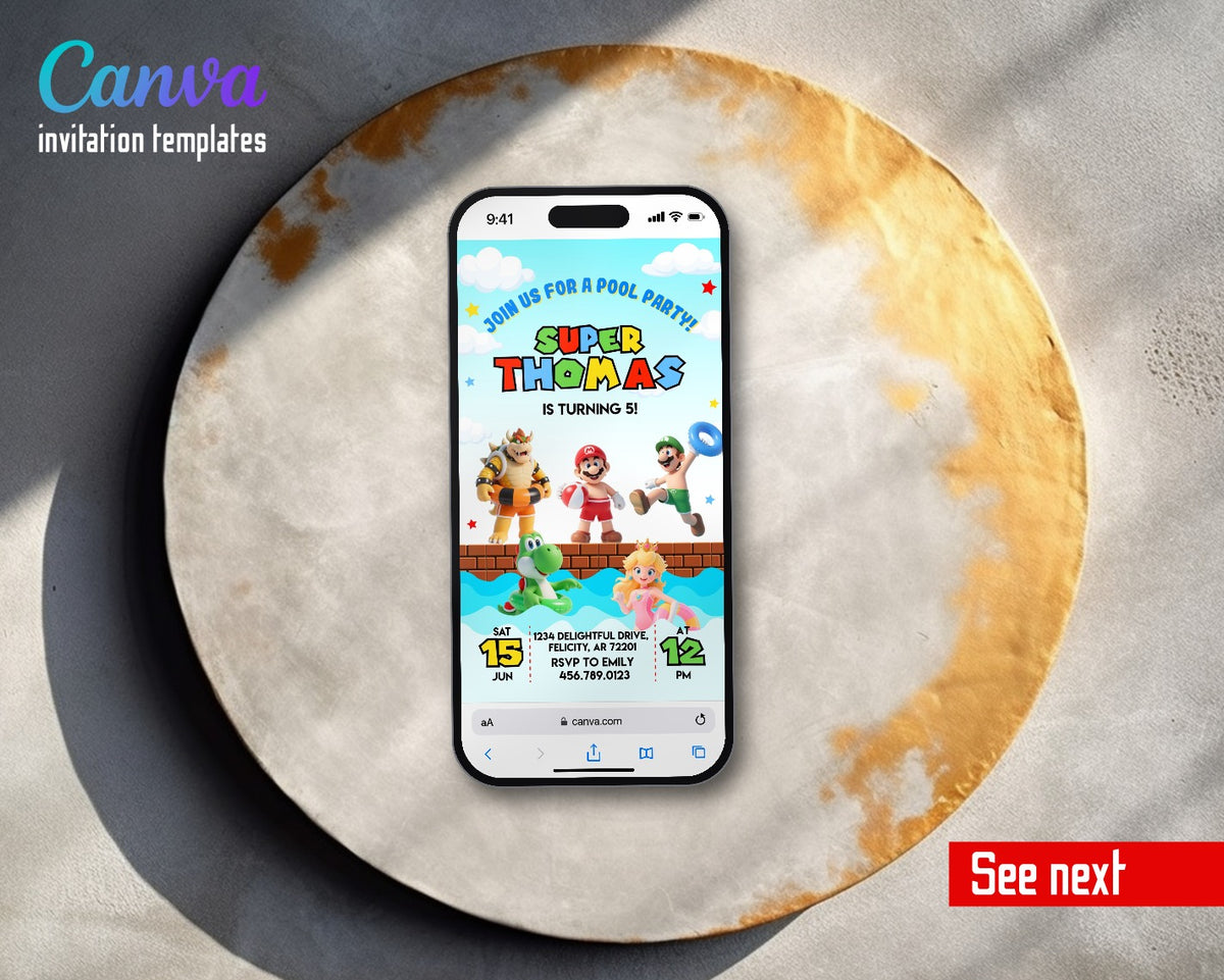 Mario Pool Party Float Rings Video Birthday Invitation | Animated Evite | Editable Canva