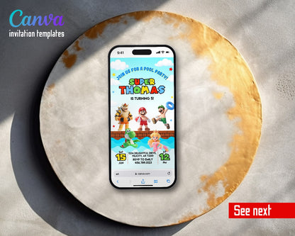 Mario Pool Party Float Rings Video Birthday Invitation | Animated Evite | Editable Canva
