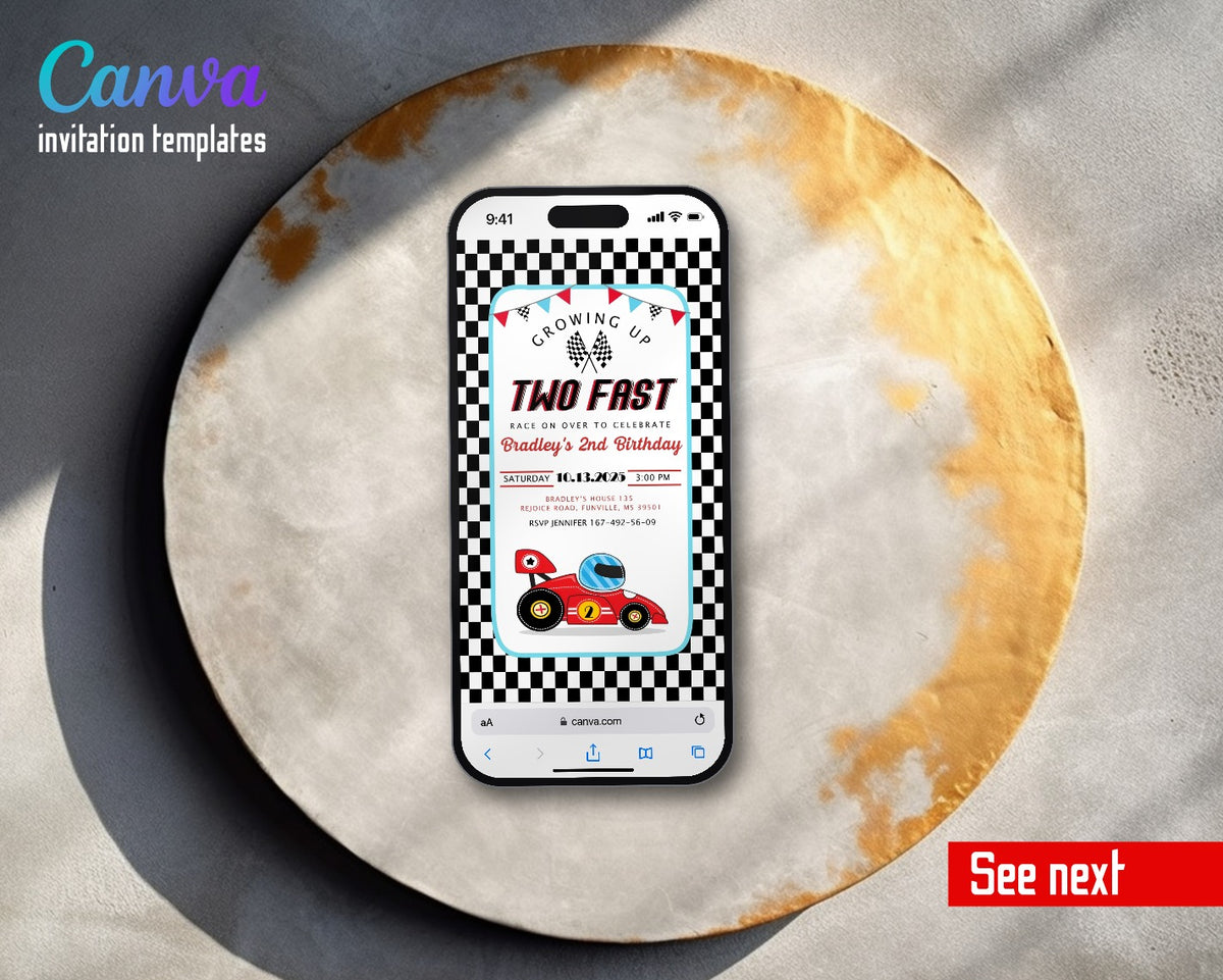 Race Car 2nd Bday Watercolor Racing Checker Border Video Birthday Invitation | Animated Evite | Editable Canva
