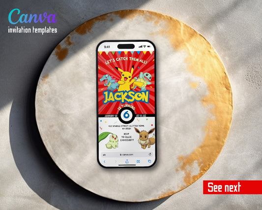 Pokemon Pikachu Red Burst Catch Them All Video Birthday Invitation | Animated Evite | Editable Canva