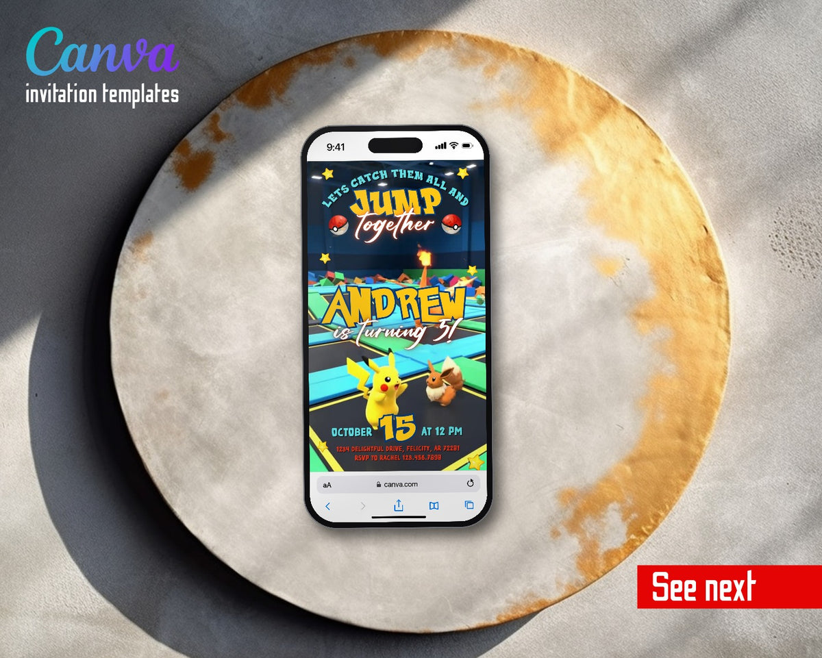 Pokemon Jump Trampoline Park Pikachu Video Birthday Invitation | Animated Evite | Editable Canva