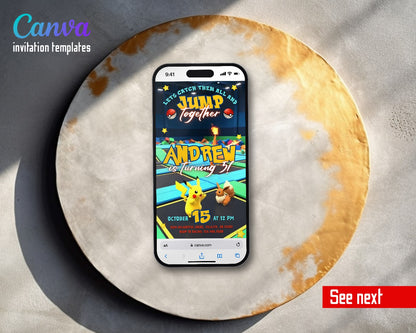 Pokemon Jump Trampoline Park Pikachu Video Birthday Invitation | Animated Evite | Editable Canva