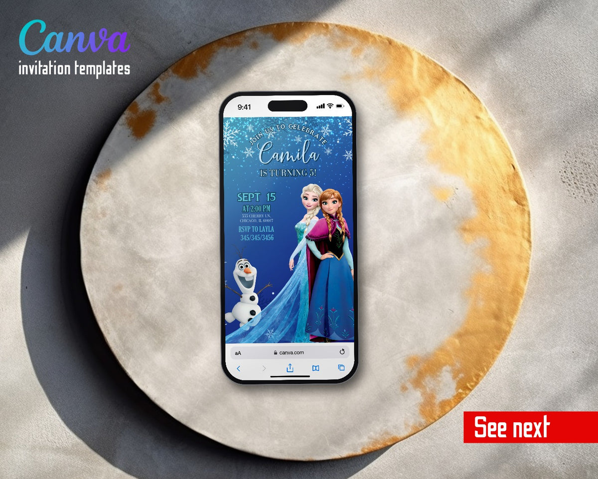 Frozen Elsa Blue Sparkle Anna Video Birthday Invitation | Animated Evite | Editable Canva