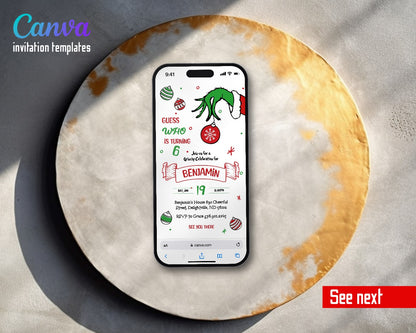 The Grinch Merry Grinchmas Hand Ornament Video Birthday Invitation | Animated Evite | Editable Canva