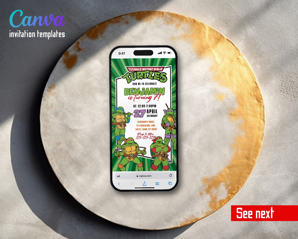Teenage Mutant Ninja Turtles Classic Green Stripes Video Birthday Invitation | Animated Evite | Editable Canva