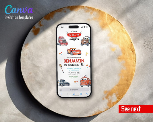 Cars Lightning Mcqueen Four Watercolor Mack Mater Video Birthday Invitation | Animated Evite | Editable Canva