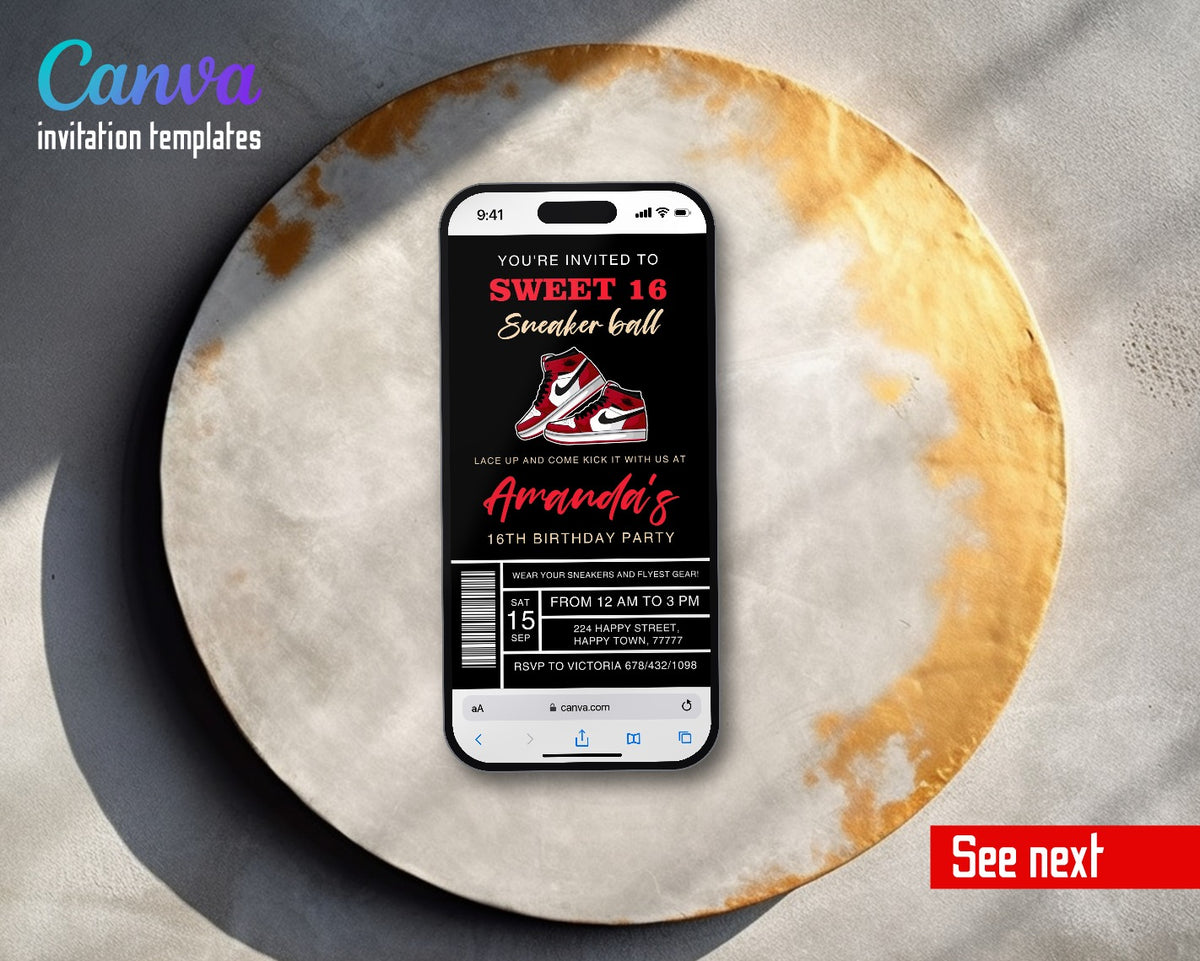 Sneaker Ball Air Jordan Nike Black Sweet 16 Video Birthday Invitation | Animated Evite | Editable Canva