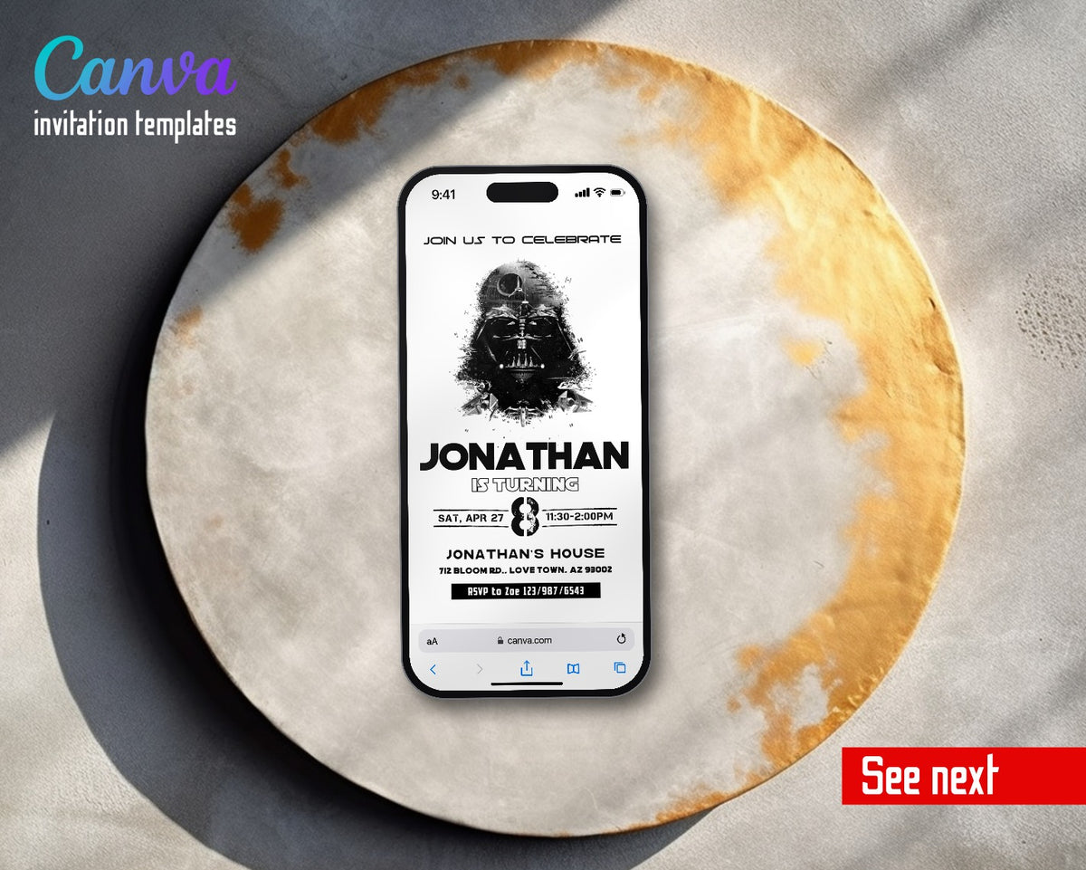 Darth Vader Death Star Ink Video Birthday Invitation | Animated Evite | Editable Canva