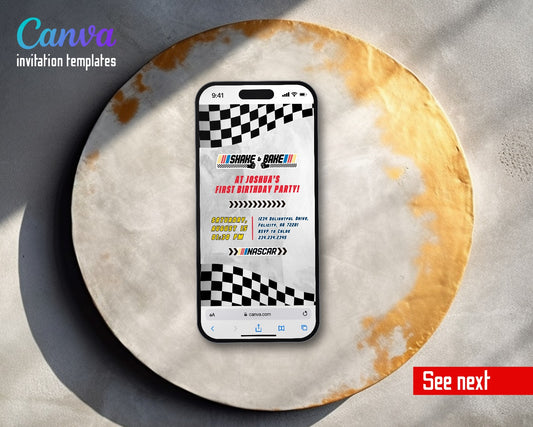 Nascar Racing Ricky Bobby Light Gray Shake Bake Video Birthday Invitation | Animated Evite | Editable Canva