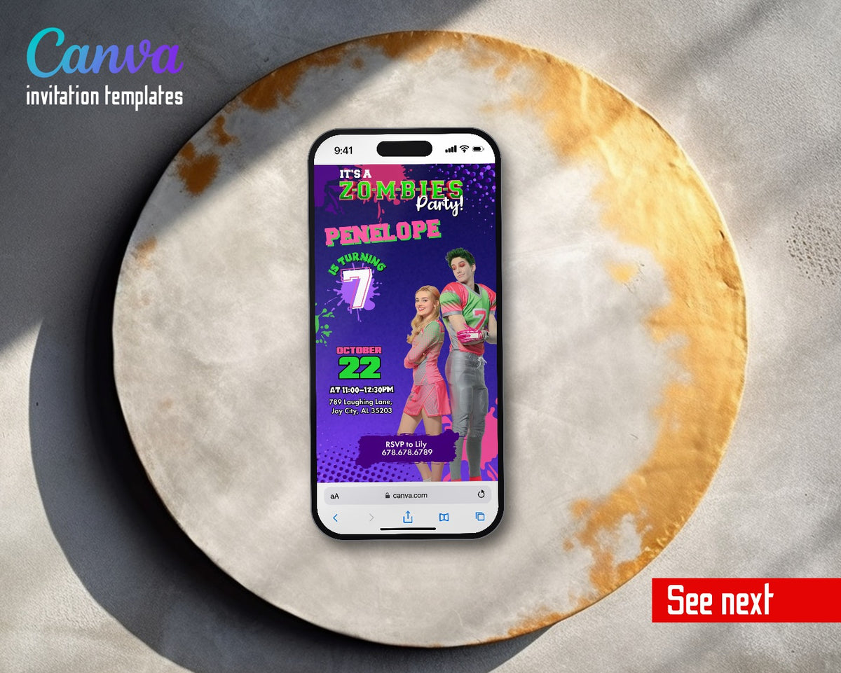 Zombies 3 Halloween Purple Splatter Couple Video Birthday Invitation | Animated Evite | Editable Canva