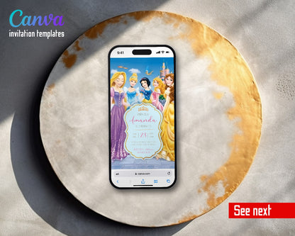 Disney Princess Blue Frame Close Up Video Birthday Invitation | Animated Evite | Editable Canva
