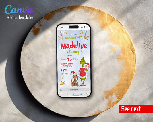 The Grinch Merry Grinchmas Gold Stars Cindy Video Birthday Invitation | Animated Evite | Editable Canva