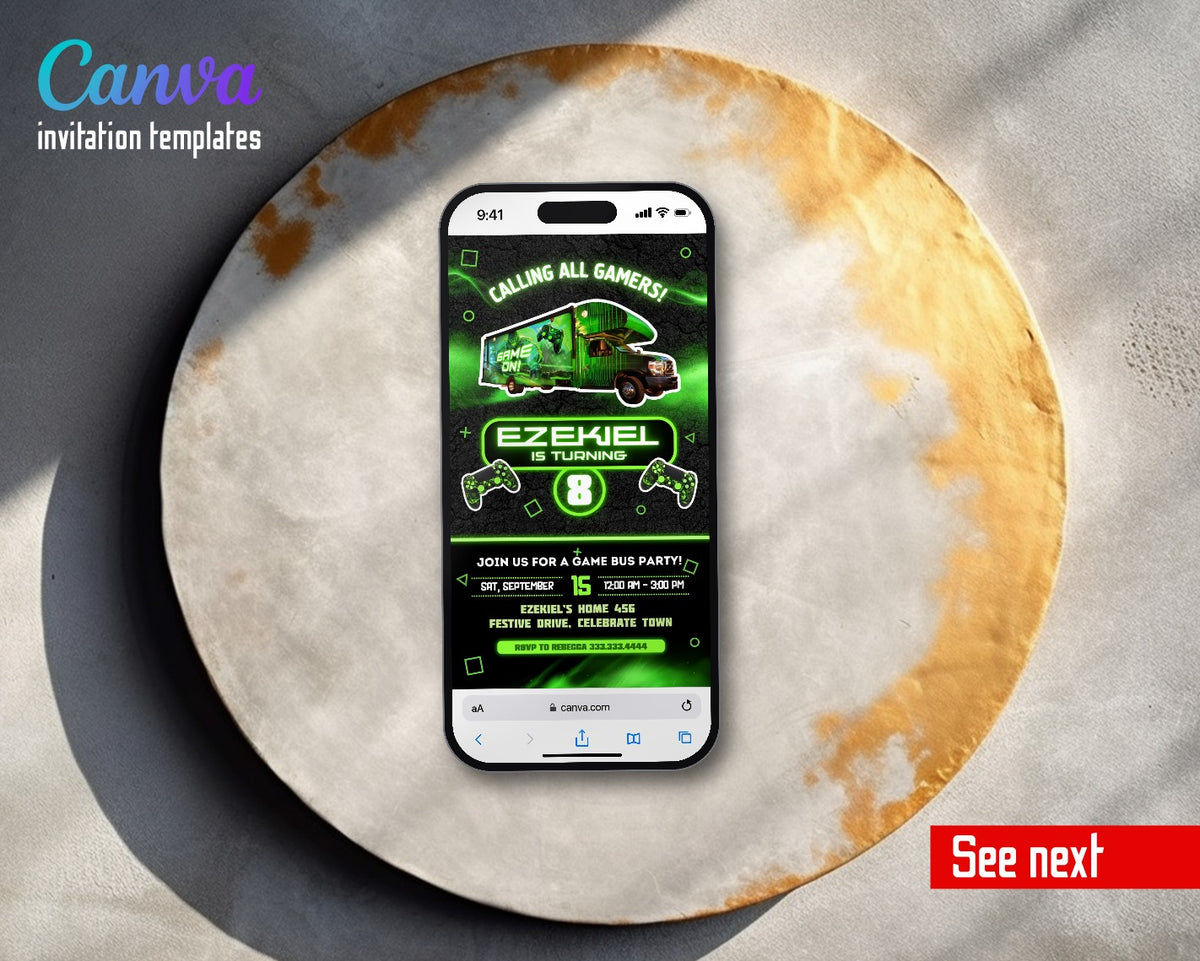 Video Game Bus Gamer Green Neon Video Birthday Invitation | Animated Evite | Editable Canva