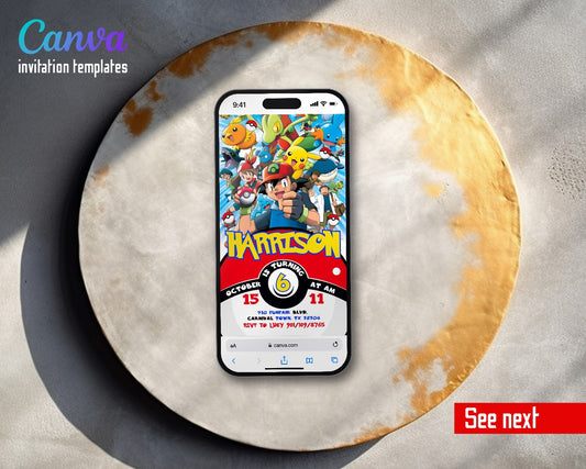 Pokemon Pikachu Pokeball Ash Group Video Birthday Invitation | Animated Evite | Editable Canva