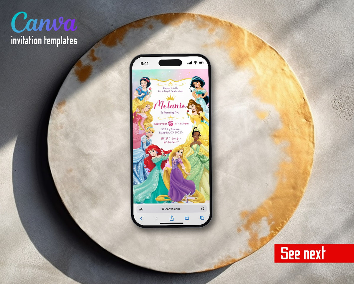 Disney Princess Rainbow Gradient Princesses Video Birthday Invitation | Animated Evite | Editable Canva