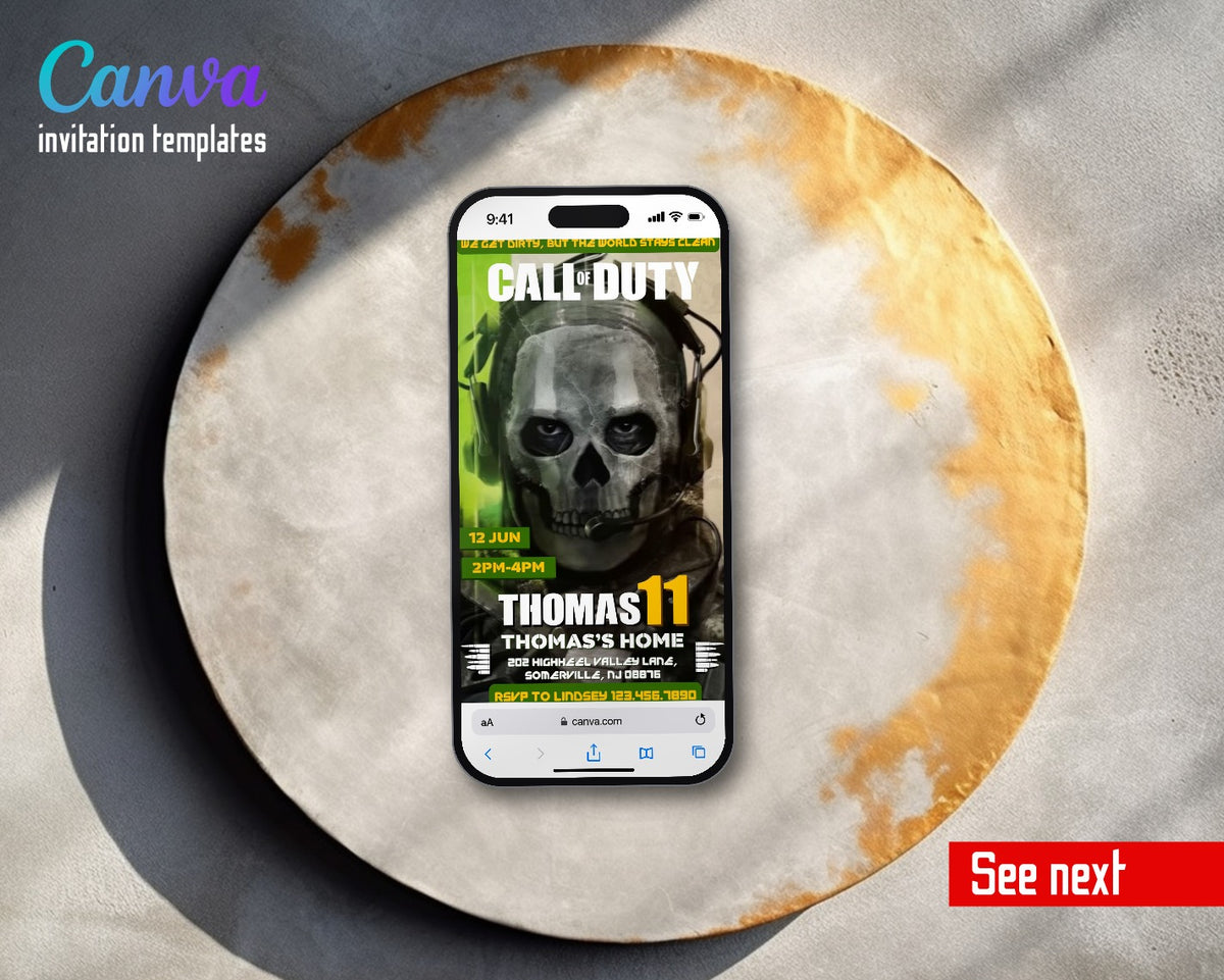 Call Of Duty Ghost Face Closeup Video Birthday Invitation | Animated Evite | Editable Canva