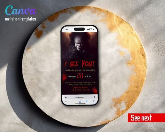 Horror Killer Movie Party Pennywise I See You Video Birthday Invitation | Animated Evite | Editable Canva
