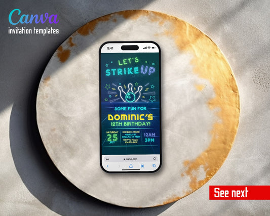 Bowling Strike Up Neon Alley Video Birthday Invitation | Animated Evite | Editable Canva