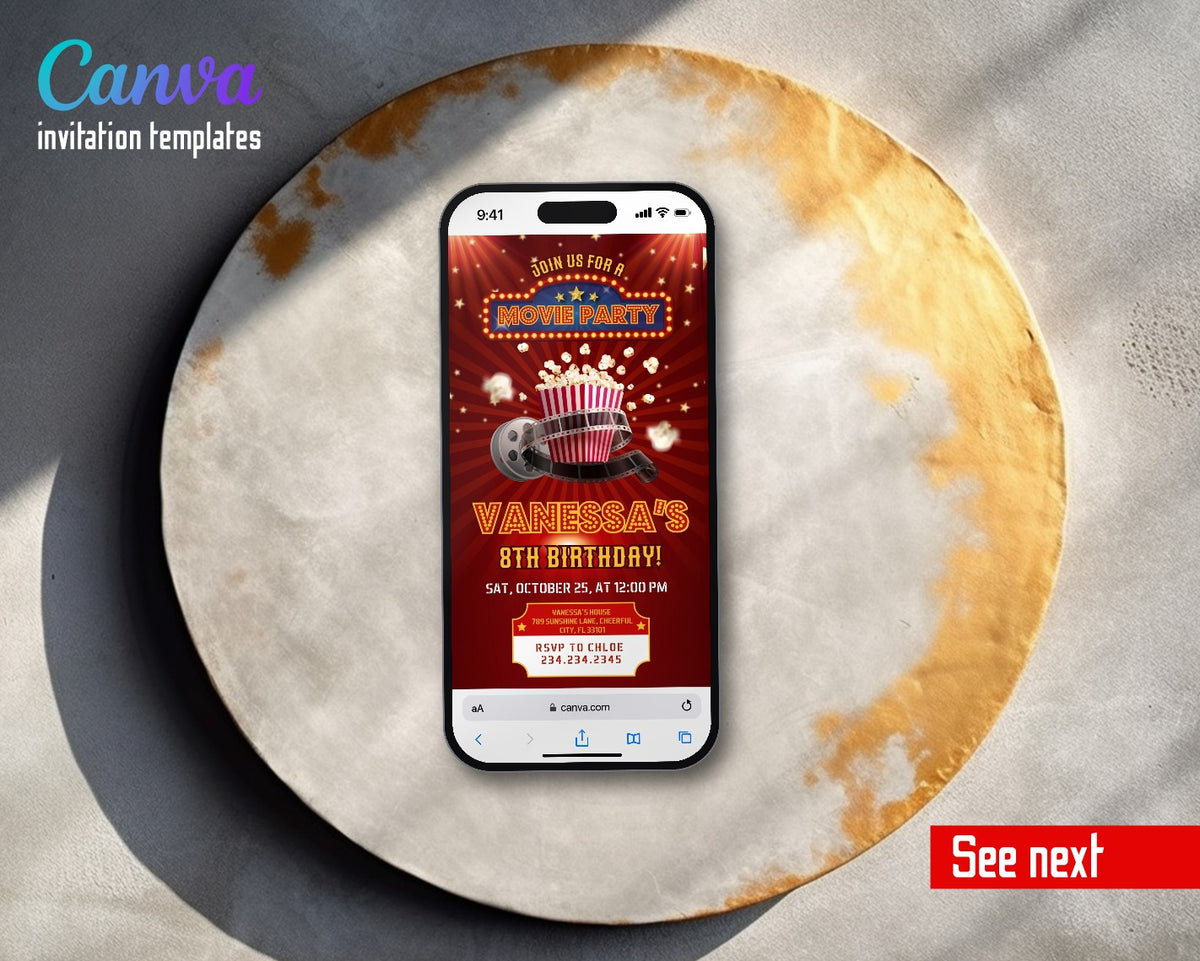Movie Cinema Red Carpet Party Marquee Popcorn Video Birthday Invitation | Animated Evite | Editable Canva