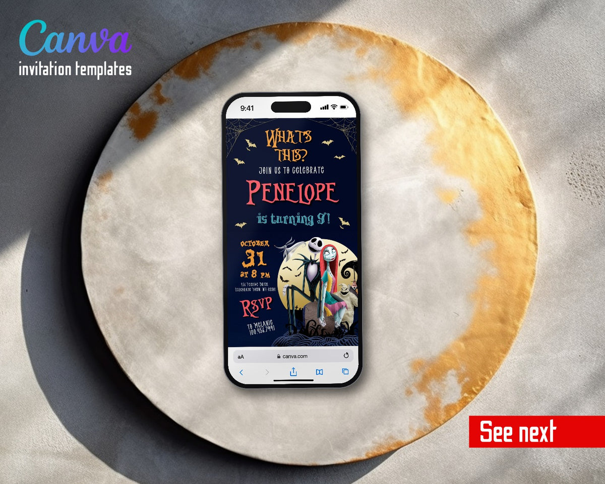The Nightmare Before Christmas Halloween Skellington Moon Hill Video Birthday Invitation | Animated Evite | Editable Canva
