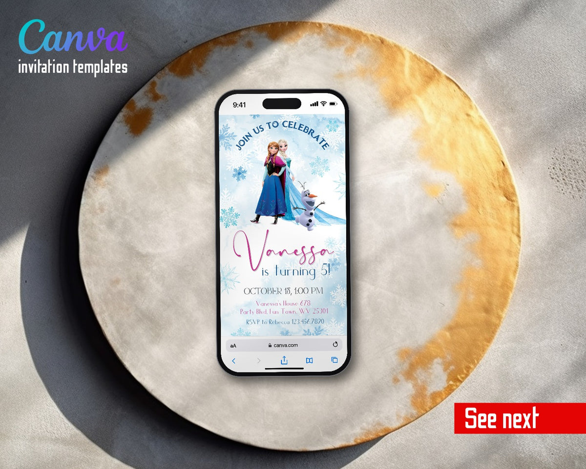 Frozen Elsa Snowflake Sisters Watercolor Video Birthday Invitation | Animated Evite | Editable Canva