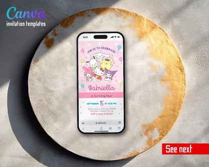 Hello Kitty Sanrio Friends Pink Balloons Video Birthday Invitation | Animated Evite | Editable Canva