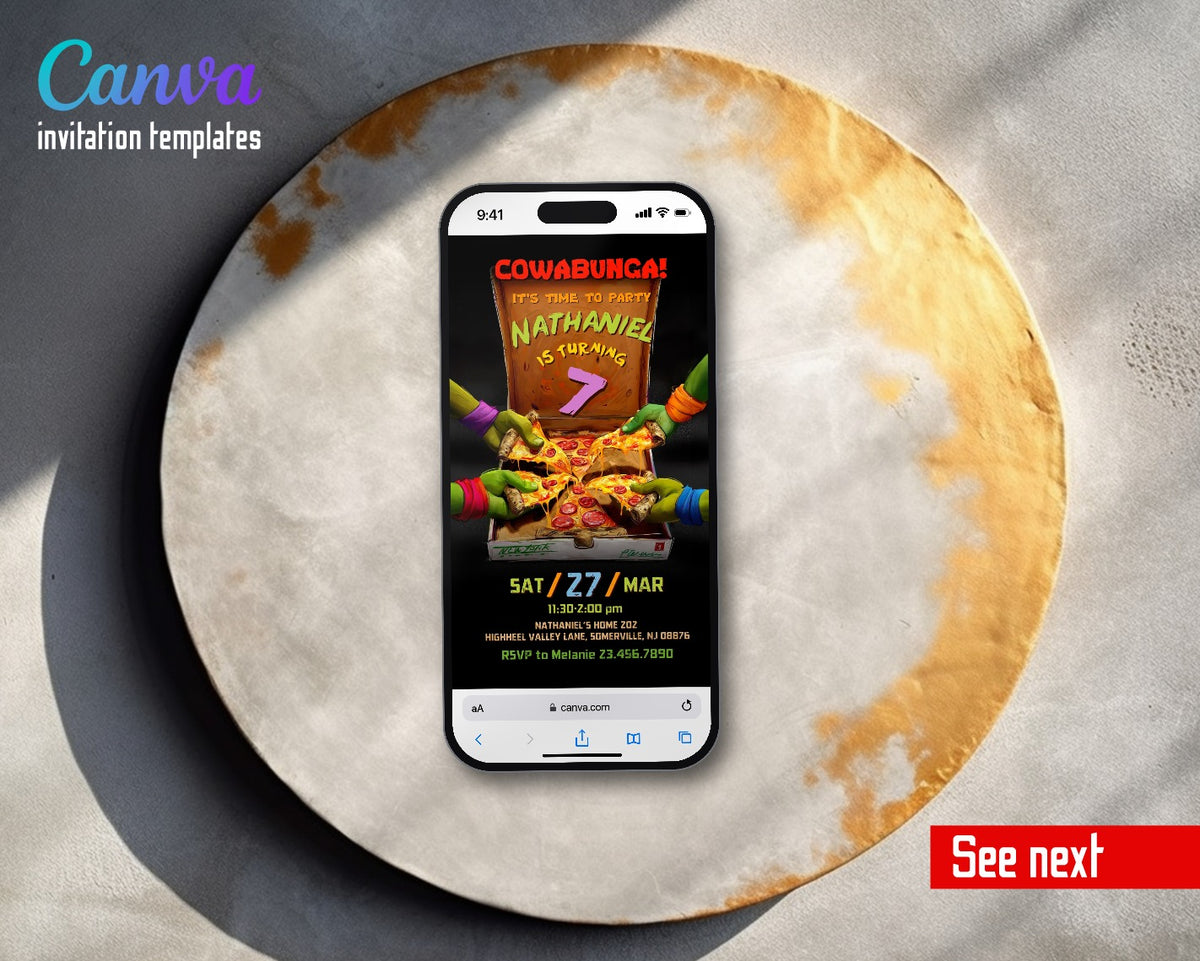TMNT Mutant Mayhem Turtle Hands Pizza Box Video Birthday Invitation | Animated Evite | Editable Canva