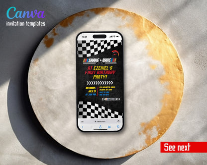 Nascar Racing Ricky Bobby Shake Bake Black Flags Video Birthday Invitation | Animated Evite | Editable Canva