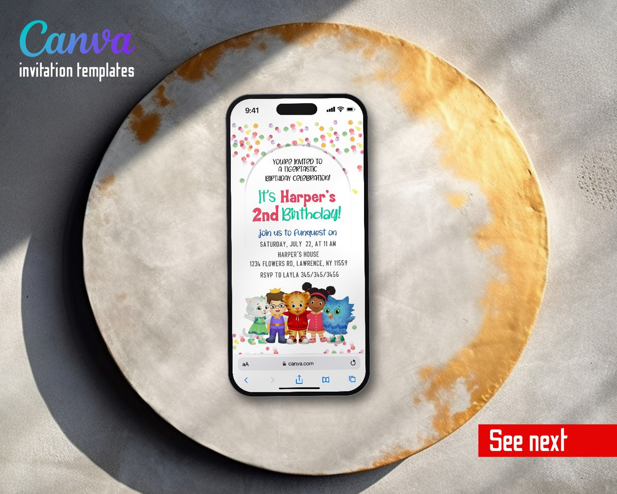 Daniel Tiger's Neighborhood Confetti Friends Lineup Video Birthday Invitation | Animated Evite | Editable Canva