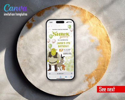 Shrek Donkey Balloons Video Birthday Invitation | Animated Evite | Editable Canva