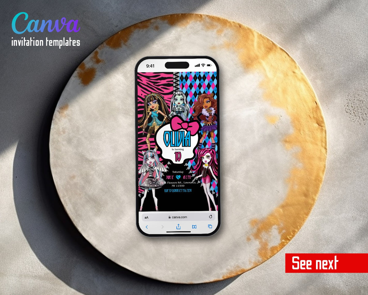 Monster High Zebra Argyle Bow Bubble Video Birthday Invitation | Animated Evite | Editable Canva