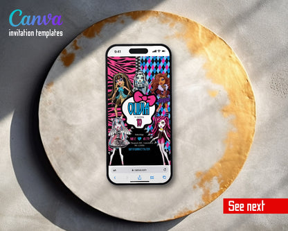 Monster High Zebra Argyle Bow Bubble Video Birthday Invitation | Animated Evite | Editable Canva