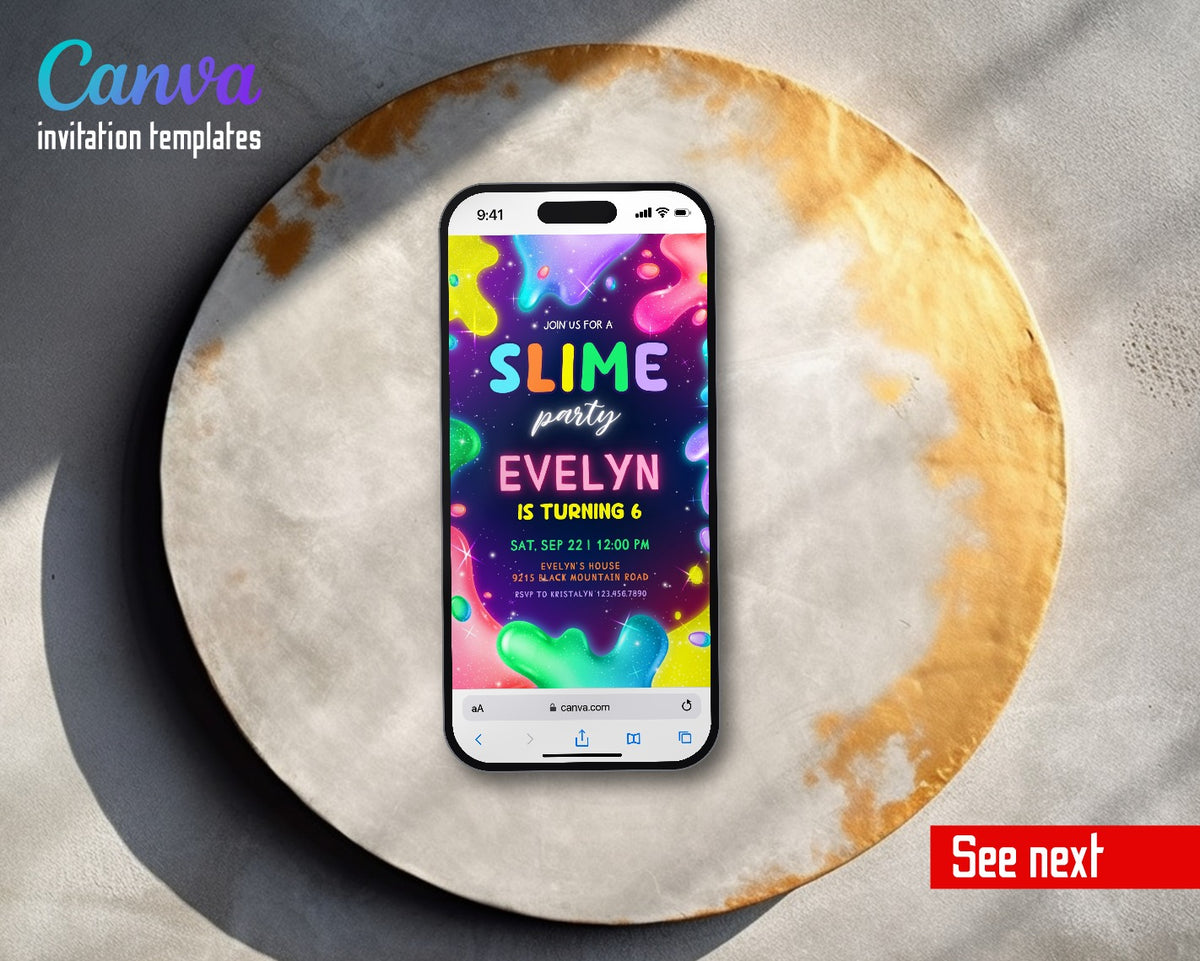 Slime Diy Party Neon Splash Video Birthday Invitation | Animated Evite | Editable Canva