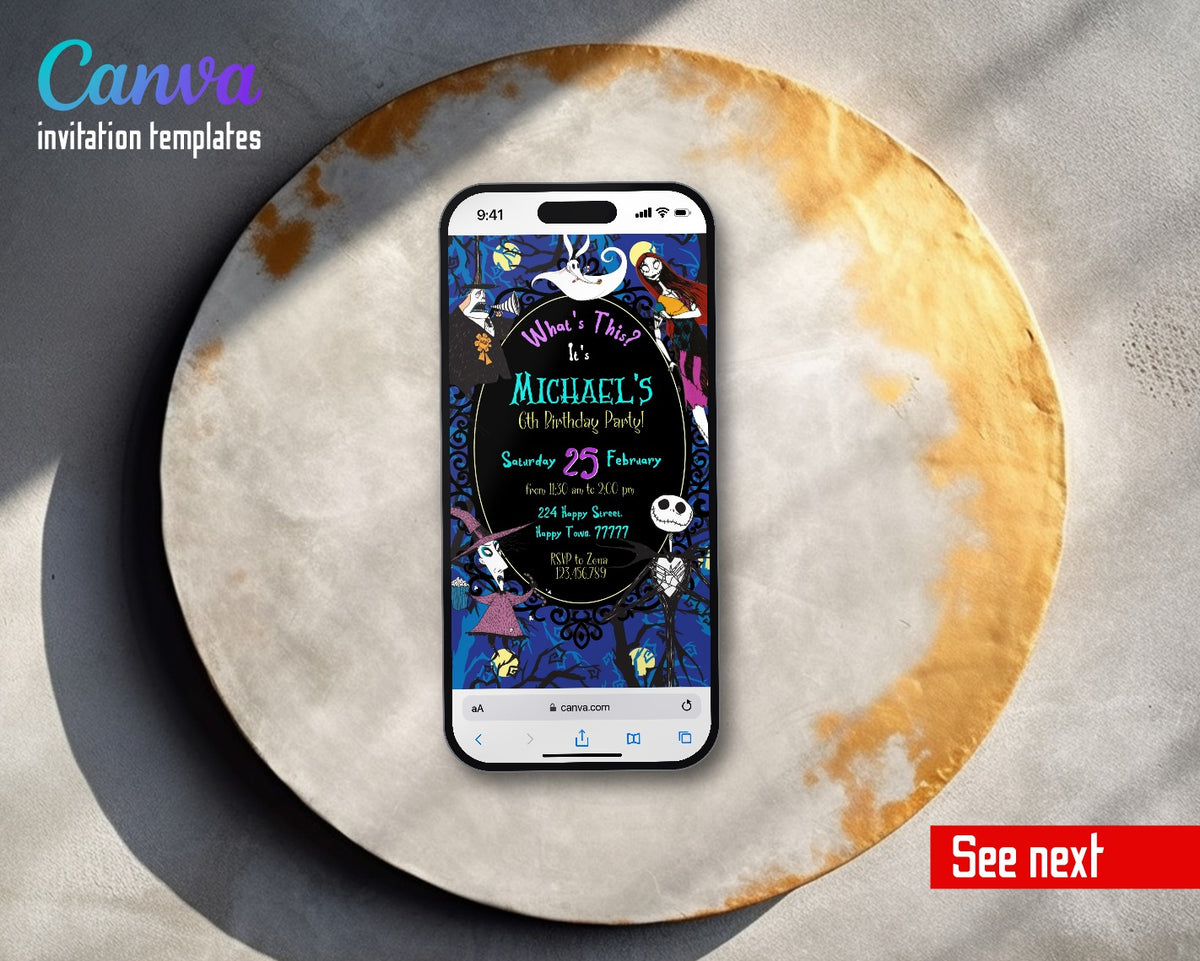 The Nightmare Before Christmas Halloween Blue Swirl Oval Frame Video Birthday Invitation | Animated Evite | Editable Canva