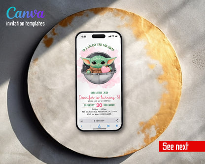 Baby Yoda Grogu Star Wars Mandalorian Pink Pod Video Birthday Invitation | Animated Evite | Editable Canva