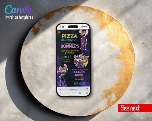 Chuck E. Cheese Purple Pizza Arcade Mice Video Birthday Invitation | Animated Evite | Editable Canva