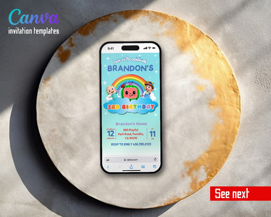 Cocomelon Watermelon Rainbow Cloud Video Birthday Invitation | Animated Evite | Editable Canva