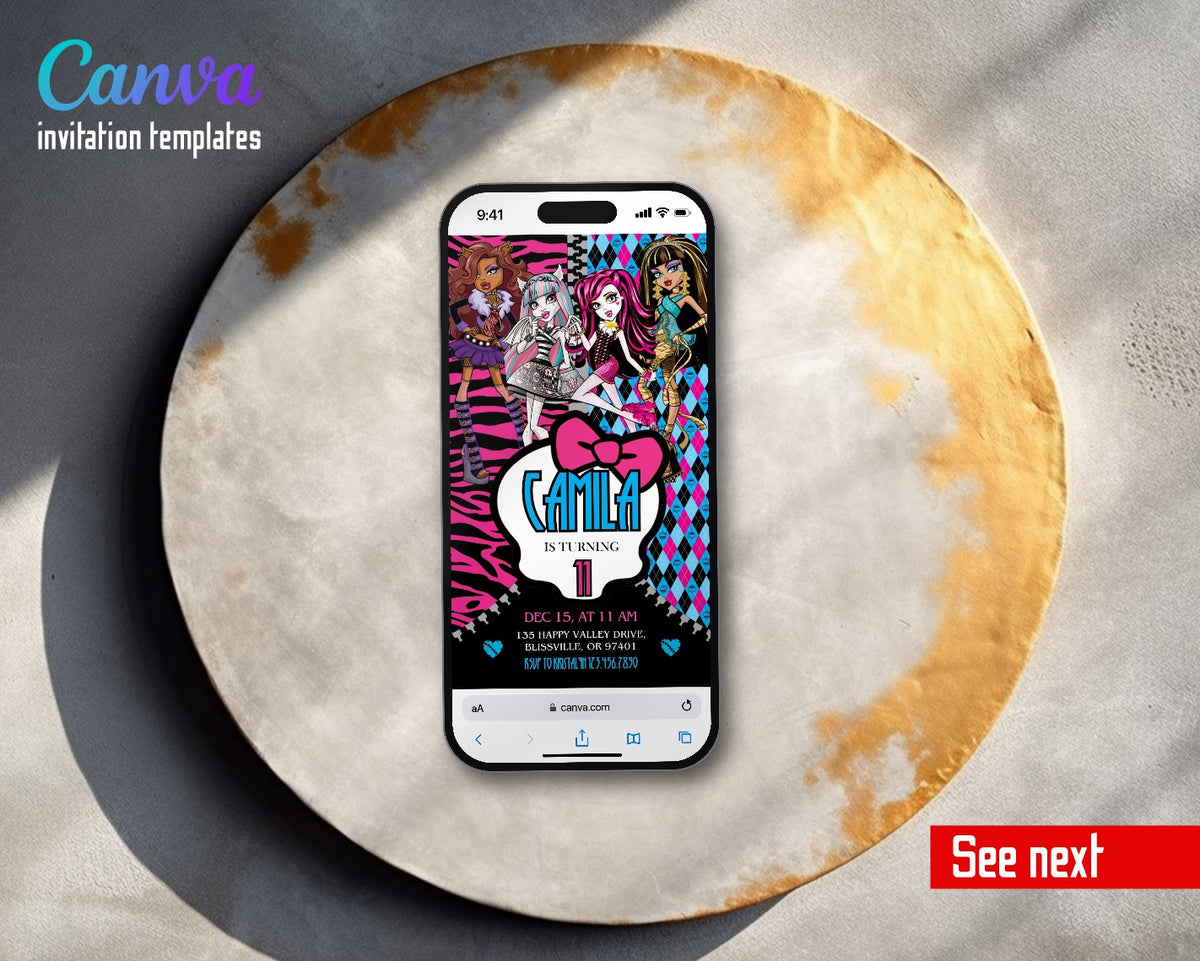 Monster High Zebra Argyle Dance Group Video Birthday Invitation | Animated Evite | Editable Canva