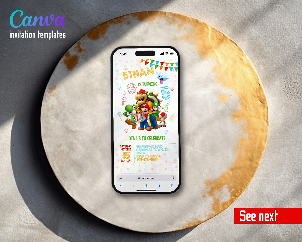 Super Mario Bros White Rays Pastel Doodles Video Birthday Invitation | Animated Evite | Editable Canva