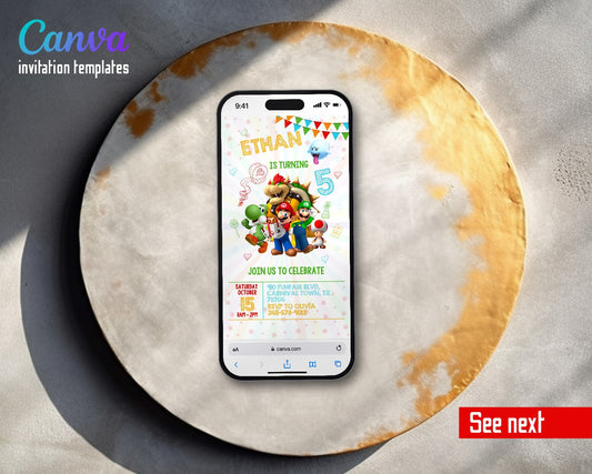 Super Mario Bros White Rays Pastel Doodles Video Birthday Invitation | Animated Evite | Editable Canva