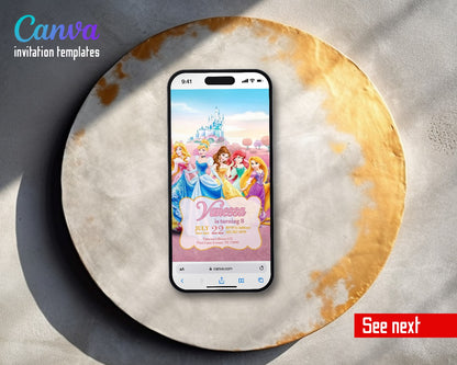 Disney Princess Pink Meadow Castle Princesses Video Birthday Invitation | Animated Evite | Editable Canva